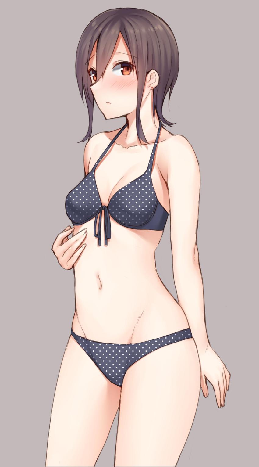 1girl, :|, absurdres, bikini, blush, bra, breasts, brown_background, brown_eyes, cleavage, closed_mouth, collarbone, female_focus, front-tie_top, hair_between_eyes, highres, midriff, mikazuchi_zeus, navel, orange_eyes, panties, polka_dot, polka_dot_bikini, polka_dot_bra, polka_dot_panties, polka_dot_swimsuit, seto_ferb, simple_background, solo, swimsuit, tokyo_7th_sisters, underwear, underwear_only