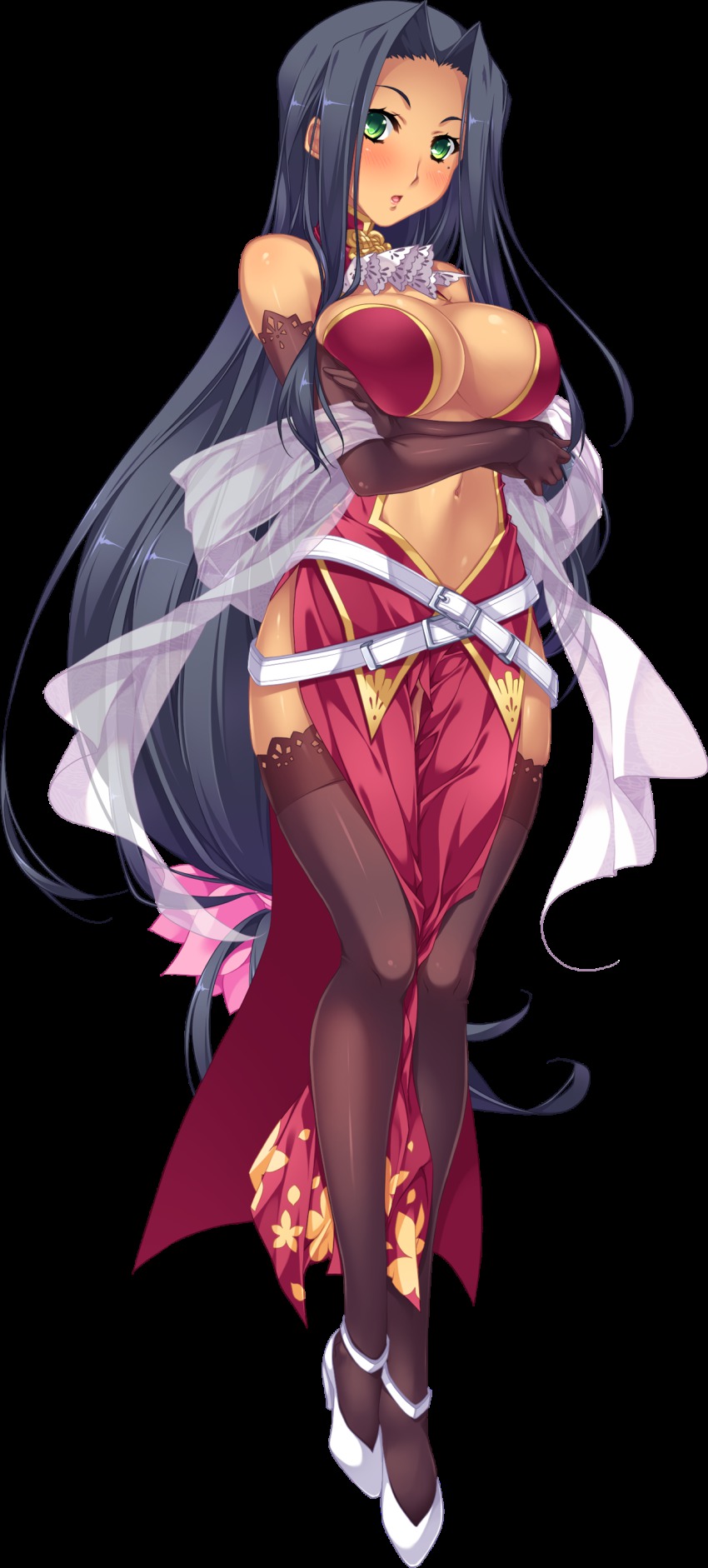 1girl, :o, absurdres, belt, belt_skirt, black_hair, black_thighhighs, blush, breasts, center_opening, cleavage, crossed_arms, dark-skinned_female, dark_skin, elbow_gloves, female_focus, full_body, game_cg, gloves, green_eyes, high_heels, highres, katagiri_hinata, koihime_musou, large_breasts, legs_together, long_hair, looking_at_viewer, low-tied_long_hair, mole, mole_under_eye, navel, official_art, pelvic_curtain, revealing_clothes, shoes, shuuyu_(koihime_musou), sleeveless, solo, tan, thighhighs, transparent_background, very_long_hair, white_background
