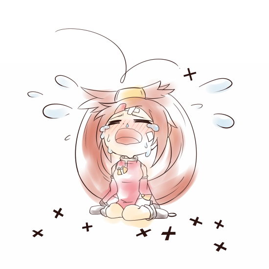 1girl, arc_system_works, bandages, bare_shoulders, blush, boots, brown_hair, crying