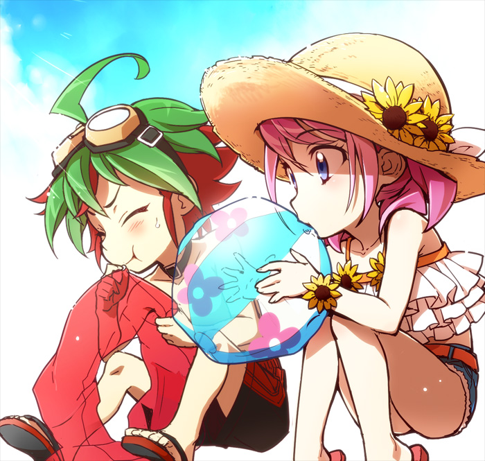 1boy, 1girl, aged_down, ball, beachball, blowing, blue_eyes, chikariya, colored_bangs, flower, hiiragi_yuzu, inflating_beachball, inflating_innertube, innertube, pink_hair, sakaki_yuya, shorts, sunflower, swim_ring, yu-gi-oh!, yu-gi-oh!_arc-v