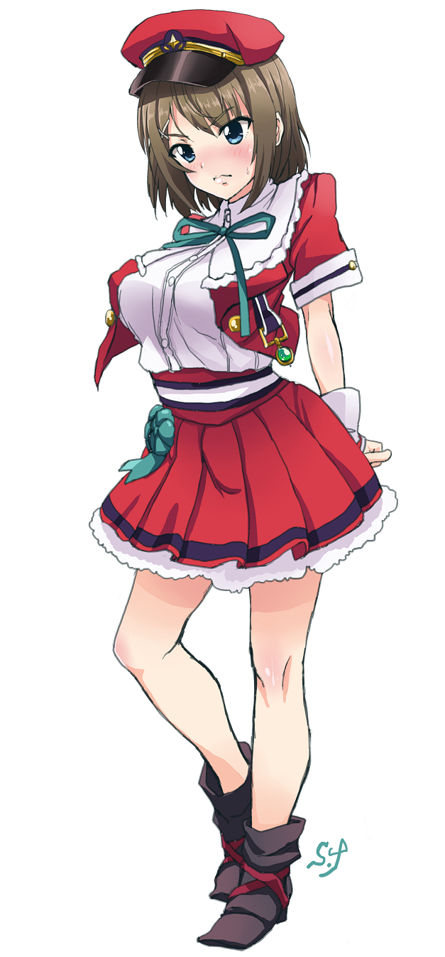 1girl, arms_behind_back, blue_eyes, blush, breasts, brown_hair, cosplay, dekitate_evo!_revo!_generation!