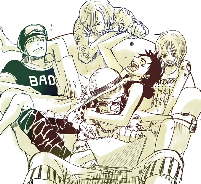 1girl, 4boys, daishou_(hirotoxxx), monkey_d._luffy, monochrome, multiple_boys, nami_(one_piece), one_piece