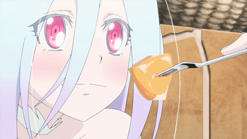 1girl, animated, animated_gif, blue_hair, comet_lucifer, felia_(comet_lucifer), female_focus, licking, lowres, pink_eyes, smelling, solo