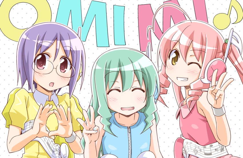 3girls, :o, ;d, ahoge, bad_id, bad_pixiv_id, beamed_quavers, blush