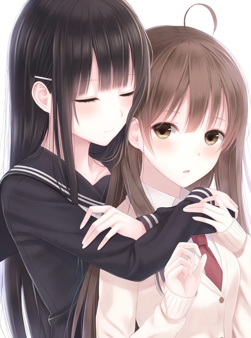 2girls, :o, ahoge, arm_around_shoulder, black_hair, blunt_bangs, blush, brown_eyes