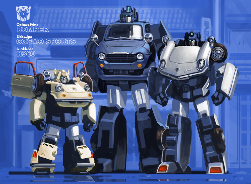 3boys, alley, autobot, bad_id, bad_pixiv_id, blue_car, blue_eyes, bumblebee_(transformers)