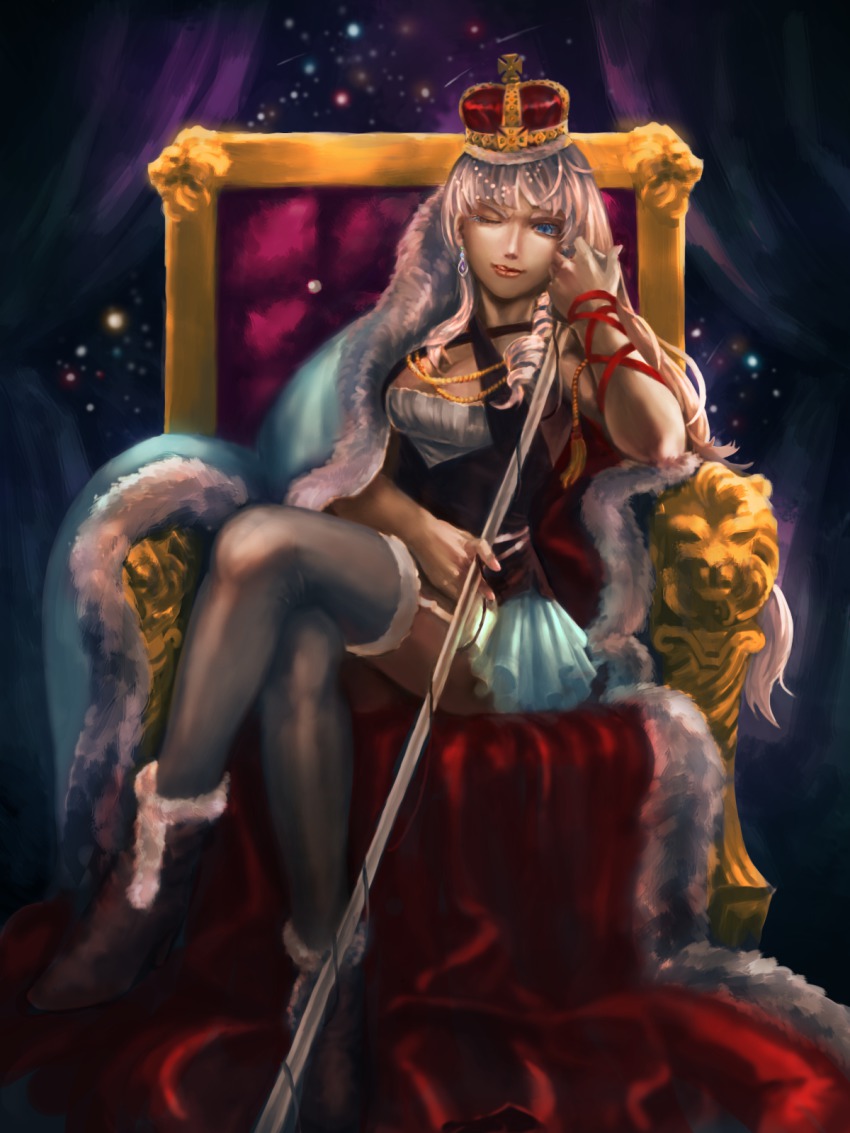 1girl, ankle_boots, blue_eyes, boots, breasts, cape, crossed_legs, crown, dan_vanilin, earrings, female_focus, highres, jewelry, legs, long_hair, macross, macross_frontier, medium_breasts, microphone, microphone_stand, on_throne, one_eye_closed, pink_hair, queen, realistic, sheryl_nome, sitting, solo, songstress, throne, tongue, tongue_out