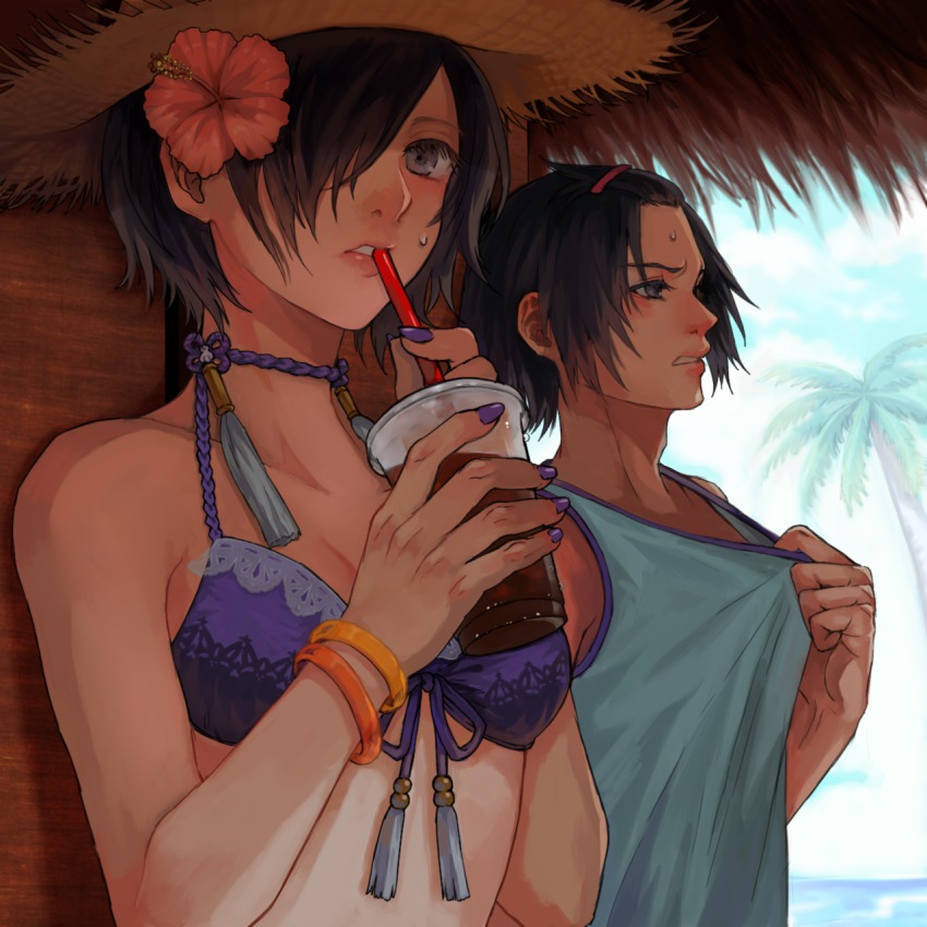 10s, 1boy, 1girl, bad_id, bad_pixiv_id, bangs_pinned_back, bikini, black_hair, blue_sky, bracelet, brother_and_sister, clothes_pull, cloud, day, drink, drinking_straw, flower, grey_eyes, hair_flower, hair_ornament, hair_over_one_eye, hat, hibiscus, highres, holding, jewelry, kirishima_ayato, kirishima_touka, nail_polish, palm_tree, parted_lips, purple_bikini, purple_nails, shirt, shirt_pull, short_hair, siblings, sky, straw_hat, sweatdrop, swimsuit, t-shirt, tokyo_ghoul, tree, upper_body, xino