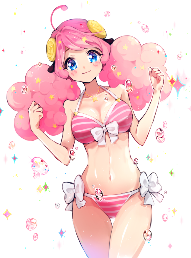 10s, 1girl, ahoge, animal_ears, berii_(cad_berry), bikini, blue_eyes, blush, bubble, cadberry, curly_hair, female_focus, horns, legs_together, moa_(show_by_rock!!), pink_bikini, pink_hair, ribbon, sheep_ears, sheep_horns, show_by_rock!!, smile, solo, sparkle, striped_bikini, striped_clothes, swimsuit, thigh_gap, white_background