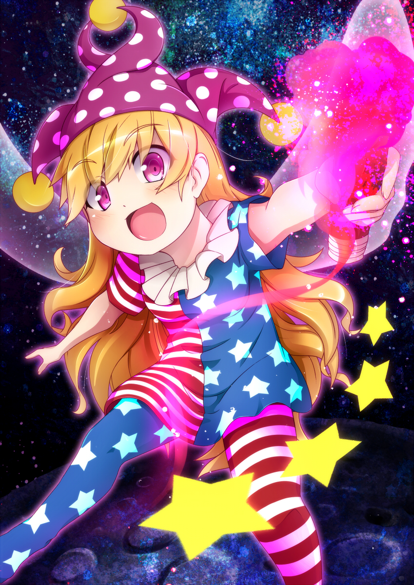 1girl, american_flag_dress, american_flag_legwear, blonde_hair, blush, clownpiece, fairy_wings, female_focus