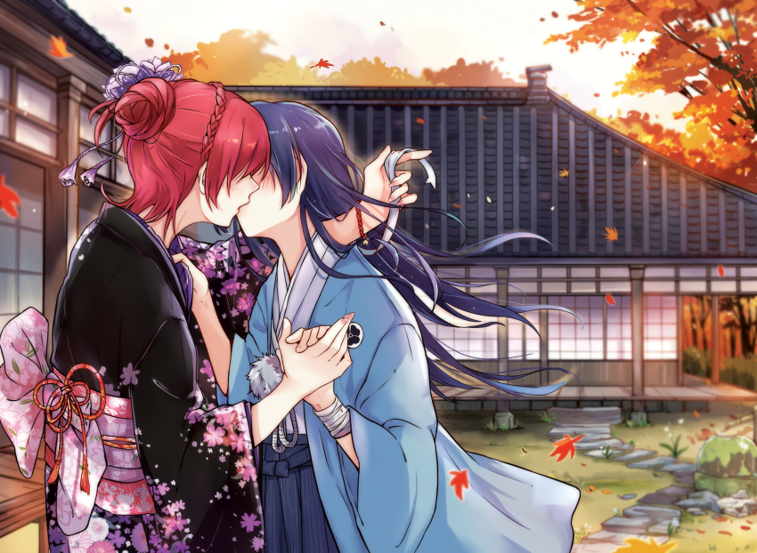 10s, 2girls, architecture, autumn_leaves, bad_id, bad_pixiv_id, bandages, bell