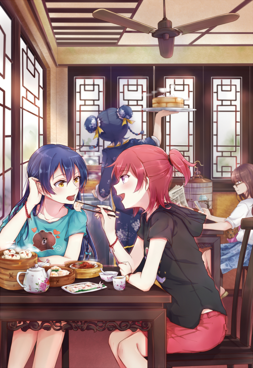 10s, 4girls, :d, adjusting_hair, animal, animal_print, architecture, back