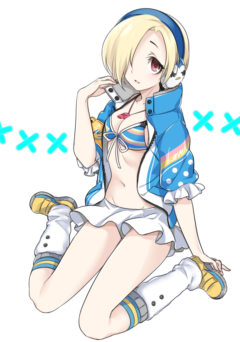 10s, 1girl, bad_id, bad_pixiv_id, bags_under_eyes, bikini, bikini_top_only, blonde_hair