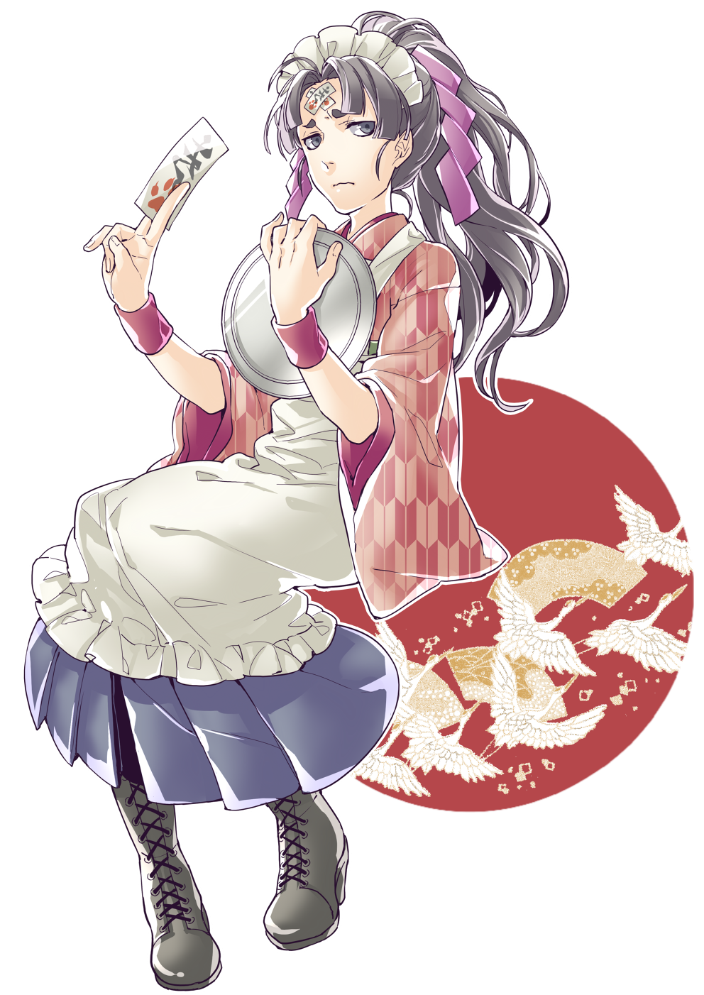 1girl, ace_attorney, apron, between_fingers, black_boots, black_eyes, black_hair, blue_dress, boots, dress, expressionless, female_focus, full_body, high_ponytail, highres, holding, holding_ofuda, japanese_clothes, jinxie_tenma, kurose_(cha_no_yu), lace-up_boots, long_hair, ofuda, ofuda_between_fingers, phoenix_wright:_ace_attorney_-_dual_destinies, ponytail, solo, thick_eyebrows, transparent_background, tray, white_background, wrist_cuffs