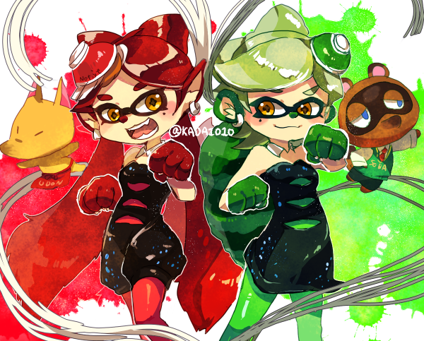 +_+, 2girls, animal_crossing, animal_hands, animalization, blush_stickers, callie_(splatoon), callie_(squid_sisters_outfit)_(splatoon)