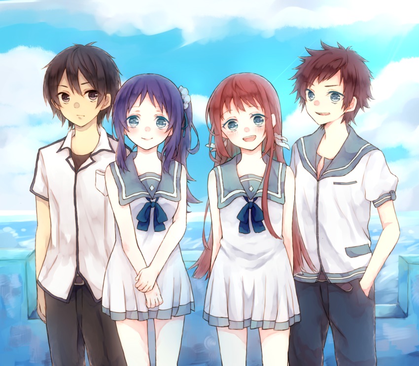 10s, 1girl, 2boys, 2girls, black_hair, blue_eyes, blue_hair, brown_hair