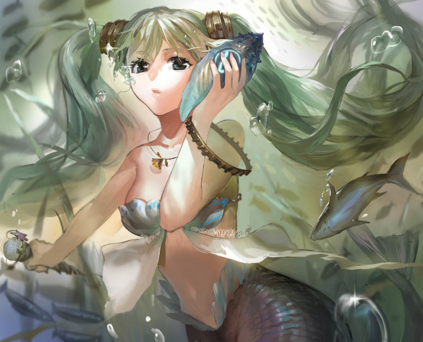 1girl, air_bubble, aqua_eyes, bangle, bikini, bracelet, breasts, bubble, cowboy_shot, daible, female_focus, fish, floating_hair, green_hair, hair_tubes, hatsune_miku, highres, holding, holding_microphone, jewelry, long_hair, looking_at_viewer, mermaid, microphone, monster_girl, navel, necklace, ocean, parted_lips, pendant, scales, seashell, shell, shell_bikini, shell_to_ear, shinkai_shoujo_(vocaloid), solo, sparkle, tuna, twintails, underwater, vocaloid