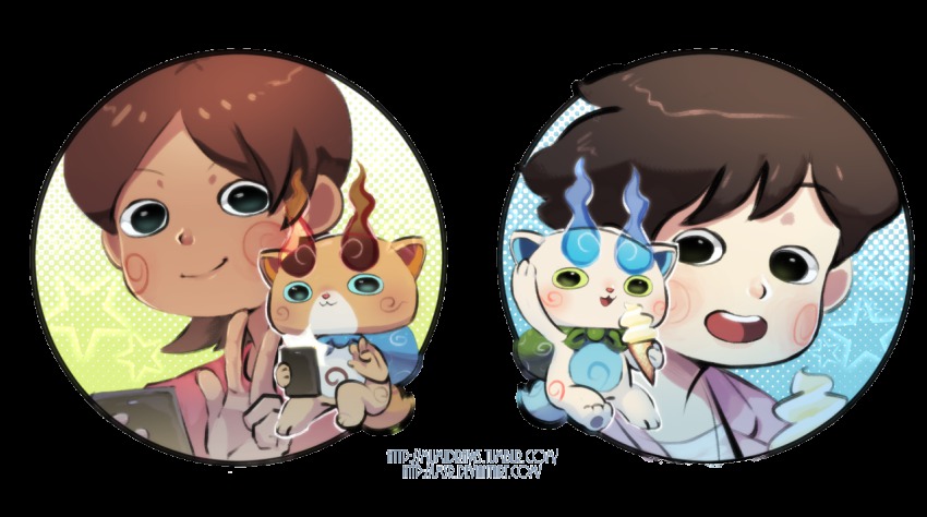 10s, 2boys, abbreviated_karakusa, black_hair, blush, brothers, brown_hair, cellphone, dual_persona, food, furoshiki, ice_cream, ice_cream_cone, komajirou, komasan, looking_at_viewer, male_focus, multiple_boys, mumi_(lmr), open_mouth, personification, phone, siblings, smile, soft_serve, star_(symbol), tan, transparent_background, v, watermark, web_address, traditional_youkai, youkai_watch