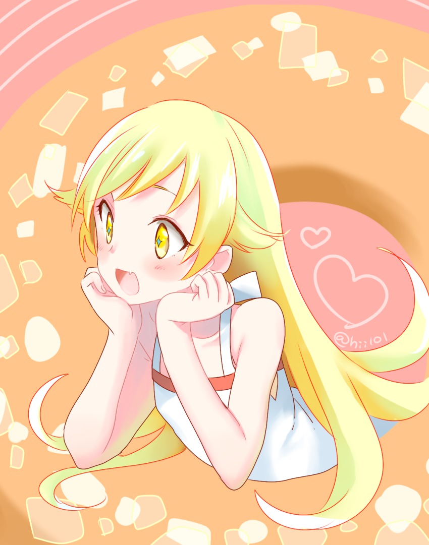 1girl, :d, blonde_hair, blush, donut, dress, fang, female_focus