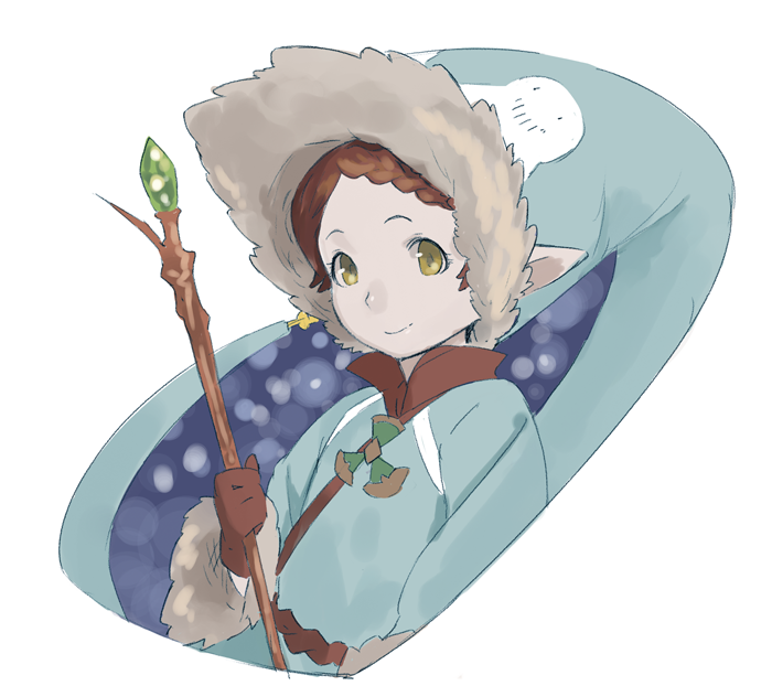 10s, 1girl, blue_hat, braid, brown_gloves, brown_hair, female_focus, fur_trim