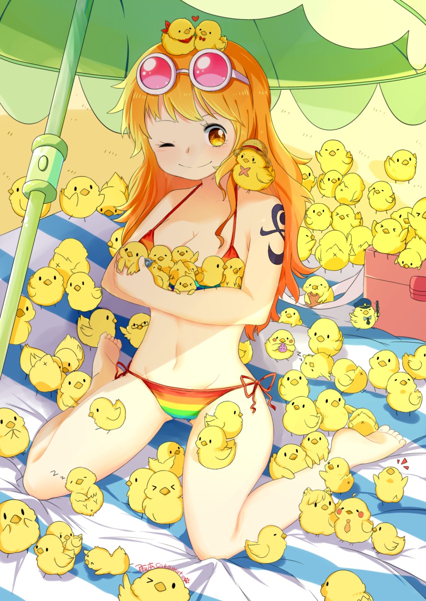 1girl, ;), animal_ears, arm_tattoo, artist_name, baby_animal, bandana, barefoot, baton, beach_hat, beach_towel, beach_umbrella, bikini, bird, bow, bowtie, box, breasts, buttons, carrying, cat_ears, cat_girl, chick, cleavage, crossed_arms, eyewear_on_head, female_focus, full_body, glasses, hat, highres, large_breasts, matching_hair/eyes, meme, multicolored_bikini, multicolored_stripes, nami_(one_piece), navel, neckerchief, necktie, one_eye_closed, one_piece, orange_eyes, orange_hair, panties, police_hat, red_bandana, red_bow, red_bowtie, serika_sakamoto, shade, side-tie_bikini_bottom, side-tie_panties, signature, sitting, sleeping, smile, soles, solo, straw_hat, string_bikini, striped, sunglasses, sunlight, swimsuit, tattoo, too_many, too_many_birds, too_many_chicks, towel, umbrella, underwear, wariza
