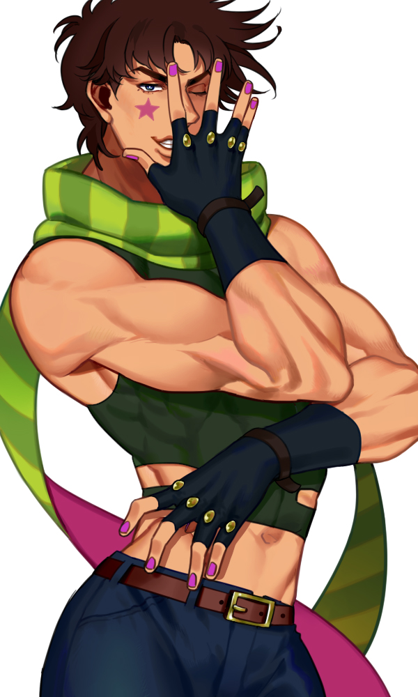 1boy, belt, blue_eyes, brown_hair, crop_top, fingerless_gloves, gloves, jojo_no_kimyou_na_bouken