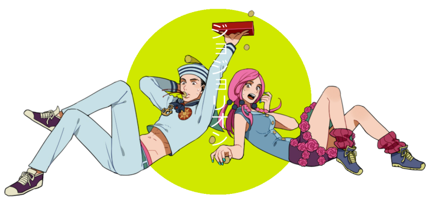 1boy, 1girl, abs, black_hair, box, braid, dixie_cup_hat, flower, food_in_mouth, green_nails, hair_bobbles, hair_ornament, hat, higashikata_josuke_(jojolion), hirose_yasuho, holding_box, jojo_no_kimyou_na_bouken, jojolion, crossed_legs, military_hat, multiple_tails, nail_polish, nashi_y, nashinachipmunk, pink_hair, rose, sailor, shoes, skirt, sneakers, tail, twin_braids