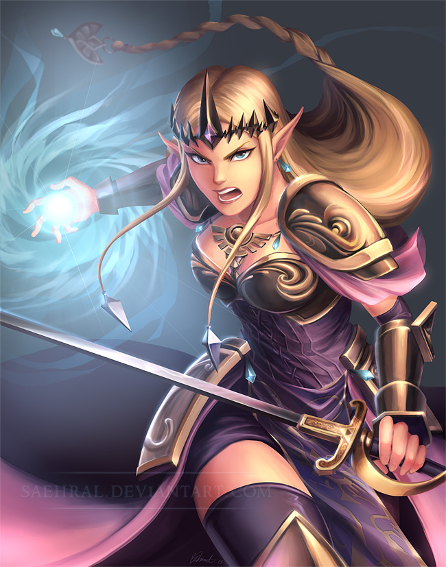 1girl, armor, blonde_hair, blue_eyes, braid, brittany_fuerst, circlet, earrings, energy_ball, female_focus, hyrule_warriors, jewelry, long_hair, multiple_tails, nintendo, open_mouth, pelvic_curtain, pointy_ears, princess_zelda, saehral, shoulder_armor, signature, solo, sword, tail, the_legend_of_zelda, vambraces, very_long_hair, watermark, weapon, web_address