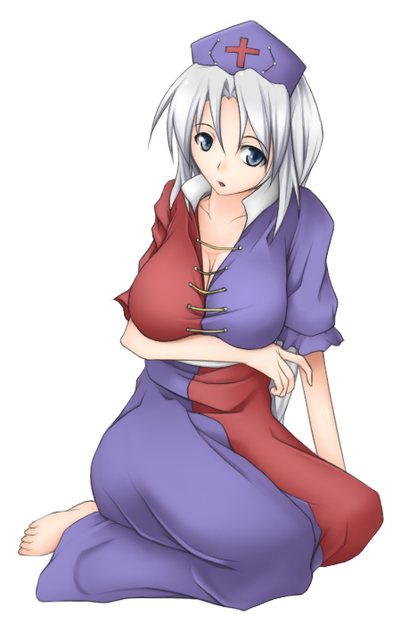 1girl, blue_eyes, breast_hold, breasts, cleavage, dress, female_focus, full_body