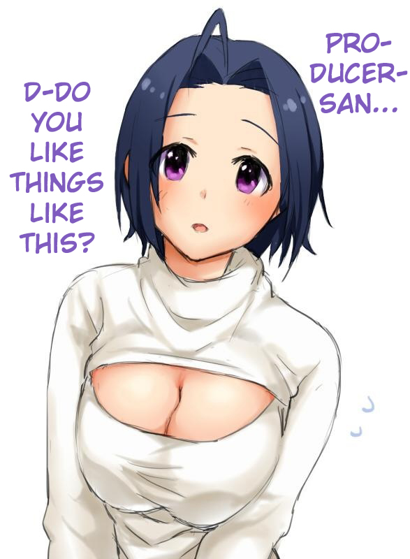 1girl, ahoge, blue_hair, blush, breasts, cleavage_cutout, clothing_cutout, female_focus, flying_sweatdrops, hard-translated, idolmaster, idolmaster_(classic), large_breasts, looking_at_viewer, miura_azusa, open-chest_sweater, open_mouth, purple_eyes, restaint, short_hair, simple_background, solo, sweater, third-party_edit, translated