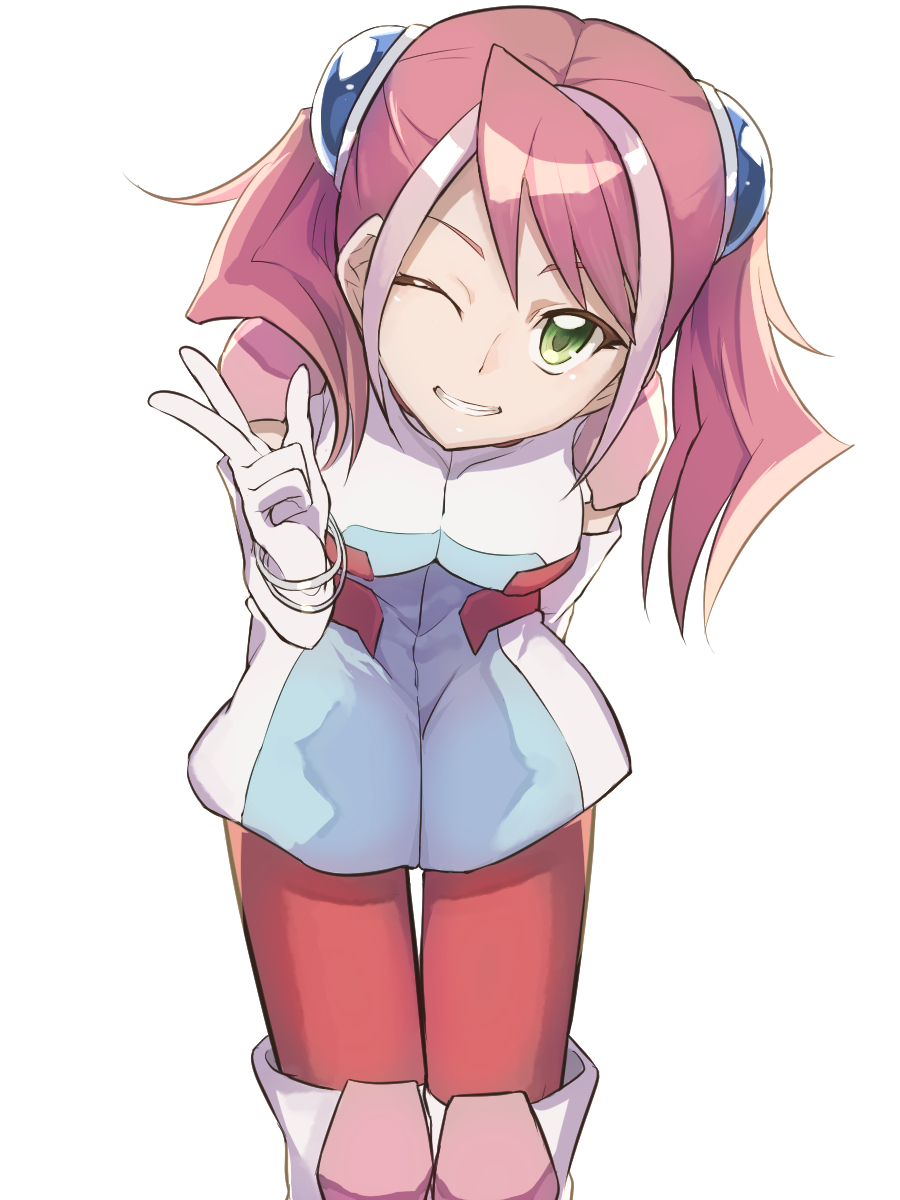 1girl, bad_id, bad_pixiv_id, boots, bracelet, female_focus, gloves, green_eyes, grin, highres, hiiragi_yuzu, jewelry, multicolored_hair, pink_hair, short_twintails, simple_background, situmi, smile, solo, thigh_boots, thighhighs, twintails, two-tone_hair, v, white_background, yu-gi-oh!, yu-gi-oh!_arc-v