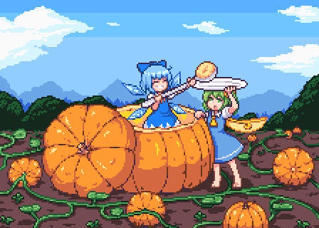 2girls, ajia_(otya3039), ascot, blue_hair, cirno, daiyousei, food, fruit_as_cup