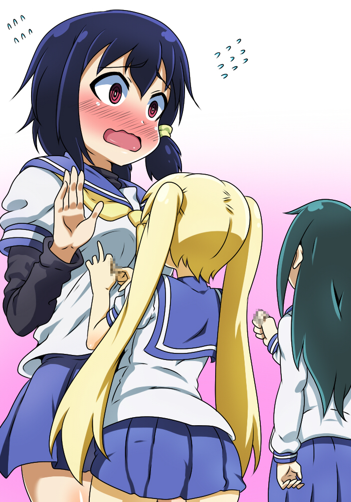 10s, 3girls, black_hair, blonde_hair, blush, bright_pupils, censored, censored_gesture, fig_sign, flying_sweatdrops, gradient_background, hair_tubes, hand_gesture, kani_club, komori-san_wa_kotowarenai!, komori_shuri, long_hair, multiple_girls, negishi_masako, nishitori_megumi, penetration_gesture, pink_background, ringed_eyes, school_uniform, serafuku, short_hair, skirt, wavy_mouth, white_background