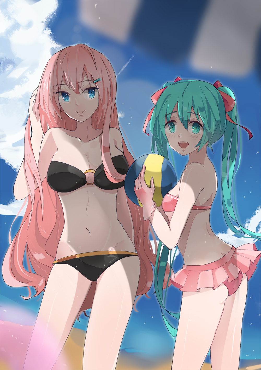 2girls, aqua_eyes, aqua_hair, ball, bandeau, beach, bikini, black_bikini, blue_eyes, blurry, blush, breasts, cleavage, cloud, day, depth_of_field, gloves, hair_ornament, hair_ribbon, hairclip, hatsune_miku, highres, large_breasts, linch, long_hair, looking_at_viewer, megurine_luka, multiple_girls, navel, open_mouth, outdoors, pink_bikini, pink_hair, ribbon, skirt, sky, small_breasts, smile, strapless, strapless_bikini, swimsuit, twintails, very_long_hair, vocaloid