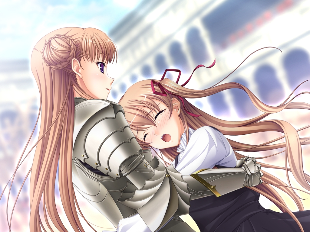 10s, 2girls, :o, age_difference, armor, blurry, blush, braid