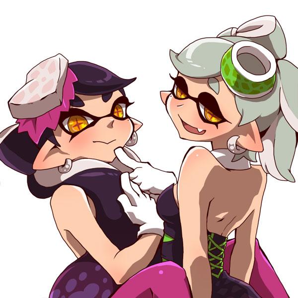 +_+, 2girls, bad_id, bad_twitter_id, brown_eyes, callie_(splatoon), callie_(squid_sisters_outfit)_(splatoon), detached_collar