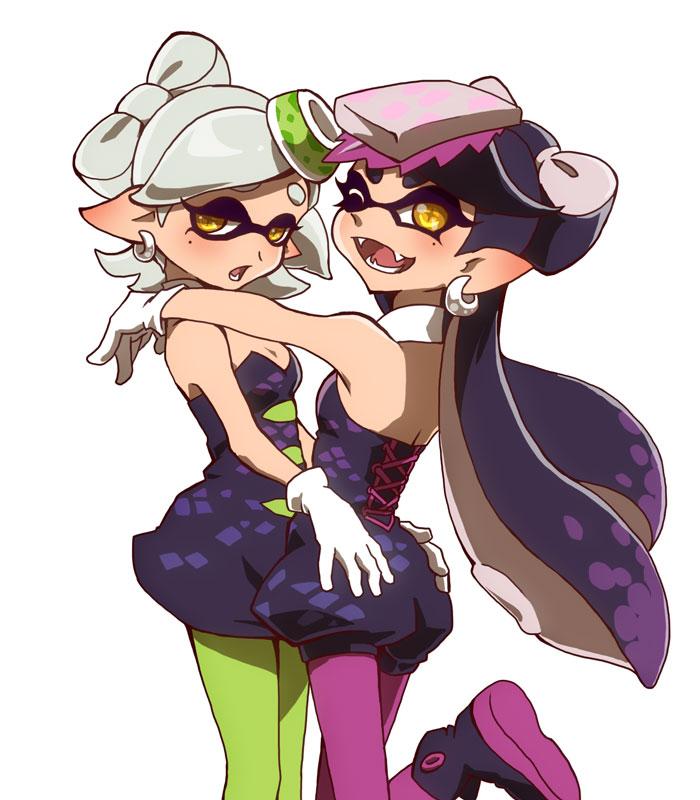 +_+, 2girls, bad_id, bad_twitter_id, black_hair, brown_eyes, callie_(splatoon), callie_(squid_sisters_outfit)_(splatoon)
