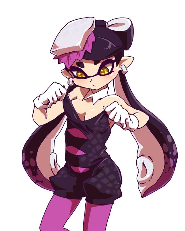 +_+, 1girl, adjusting_clothes, bad_id, bad_twitter_id, black_hair, brown_eyes, callie_(splatoon), callie_(squid_sisters_outfit)_(splatoon), cowboy_shot, detached_collar, earrings, female_focus, food, food_on_head, gloves, honcha, inkling, jewelry, long_hair, mole, mole_under_eye, nintendo, object_on_head, pantyhose, pointy_ears, purple_pantyhose, short_jumpsuit, solo, splatoon_(series), splatoon_1, tentacle_hair, white_background, white_gloves