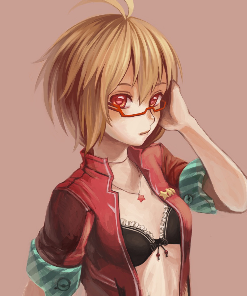 1girl, absurdres, ahoge, bad_id, bad_pixiv_id, black_bra, blonde_hair, bra, closed_mouth, female_focus, frilled_bra, frills, glasses, hand_in_own_hair, hand_on_own_head, highres, jacket, jewelry, konya_(chocolate_palette), looking_at_viewer, ol_blink_(pso2), open_clothes, open_jacket, original, pendant, phantasy_star, phantasy_star_online_2, red-framed_eyewear, red_background, red_eyes, semi-rimless_eyewear, short_hair, simple_background, sleeves_rolled_up, solo, star_(symbol), striped_sleeves, under-rim_eyewear, underwear, upper_body