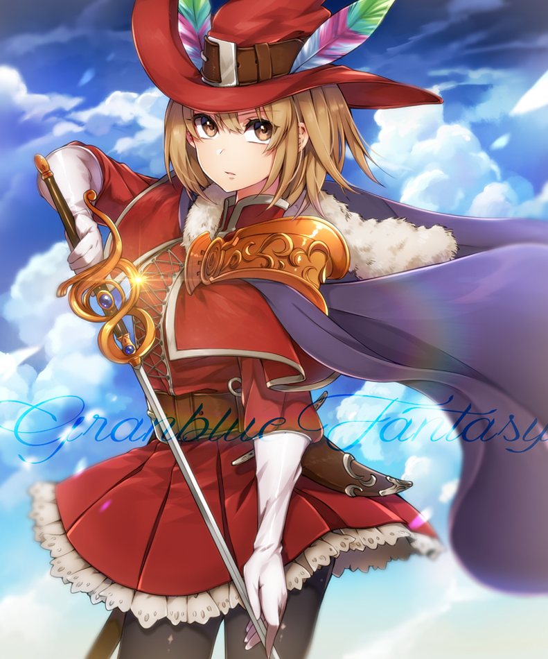 10s, 1girl, arcana_dueler_(granblue_fantasy), blonde_hair, brown_eyes, cape, djeeta_(granblue_fantasy), female_focus, gloves, granblue_fantasy, hat, maru_(sw1tch), pantyhose, short_hair, skirt, solo, sword, weapon, white_gloves