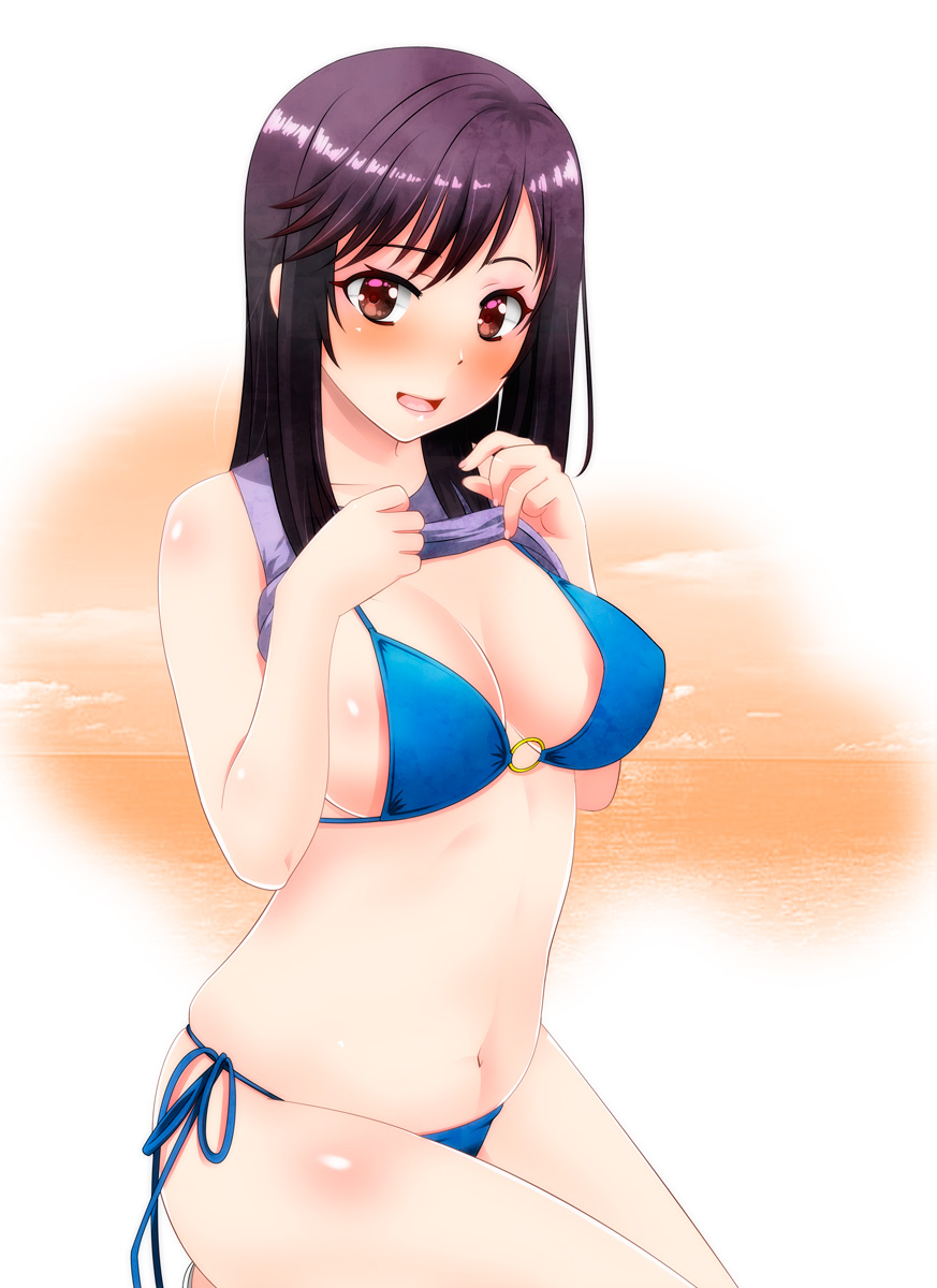 1girl, bikini, black_hair, blue_bikini, breasts, cleavage, clothes_lift, commentary