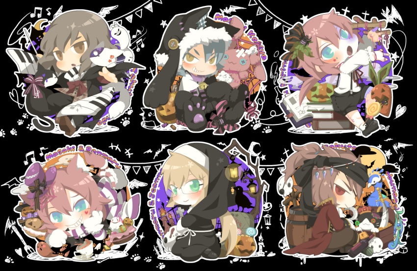 6+boys, animal_ears, conductor_baton, beamed_quavers, bell, black_background, blush, book
