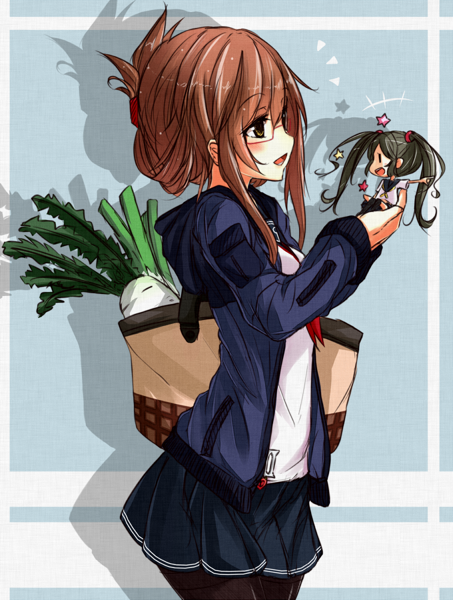 10s, 2girls, 61cm_quintuple_(oxygen)_torpedo_mount, alternate_costume, bespectacled, black_legwear, commentary_request, fairy, fairy_(kancolle), glasses, highres, ikameshi_(ika_meshi), inazuma_(kancolle), jacket, kantai_collection, multiple_girls, pantyhose, pointing, profile, radish, spring_onion