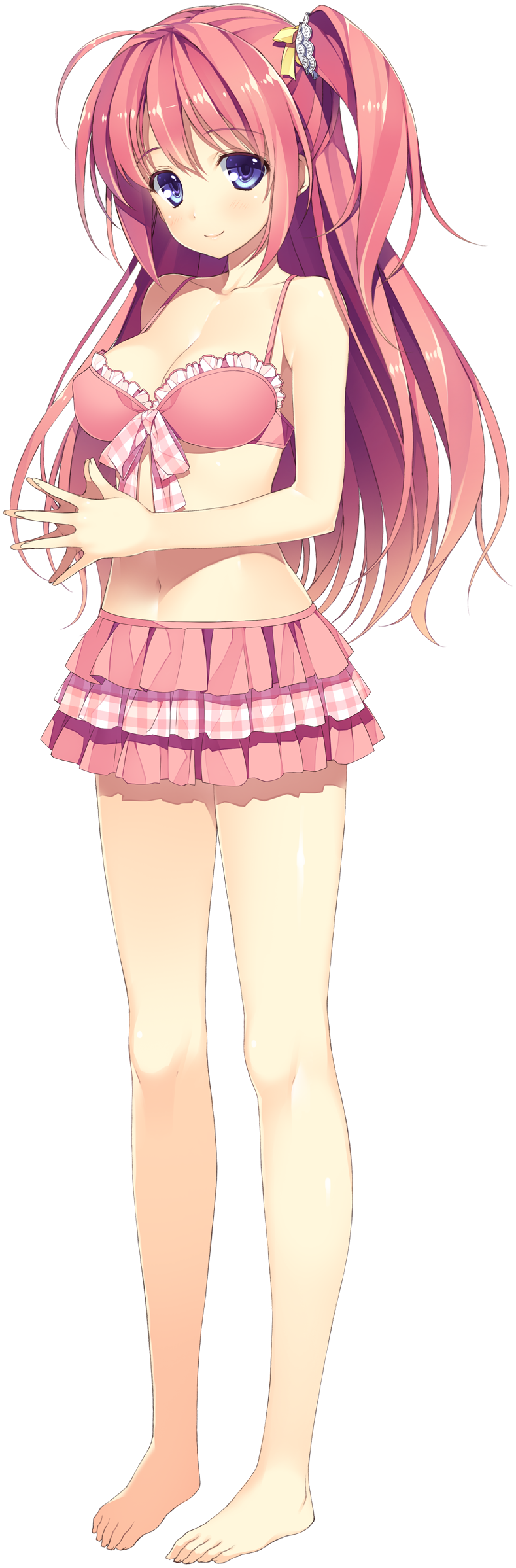 1girl, bare_shoulders, barefoot, bikini, bikini_skirt, blue_eyes, breasts, cleavage