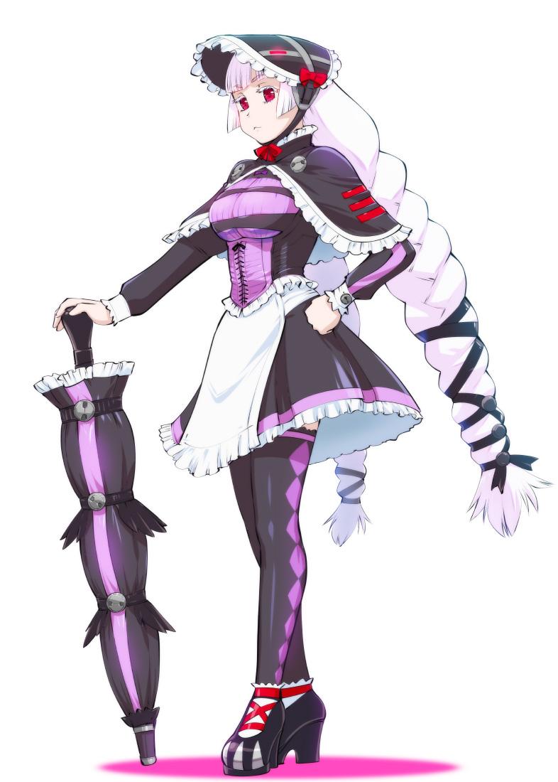 1girl, bonnet, breasts, closed_umbrella, female_focus, full_body, genosaurer, hand_on_own_hip