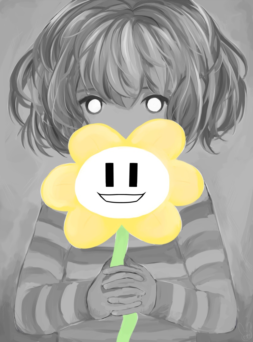 :d, absurdres, androgynous, flower, flowey_(undertale), frisk_(undertale), gender_request, grey_background, highres, monochrome, open_mouth, pupu_(deency), shirt, short_hair, smile, spot_color, striped_clothes, striped_shirt, undertale, unusually_open_eyes, utdr_(toby_fox), |_|