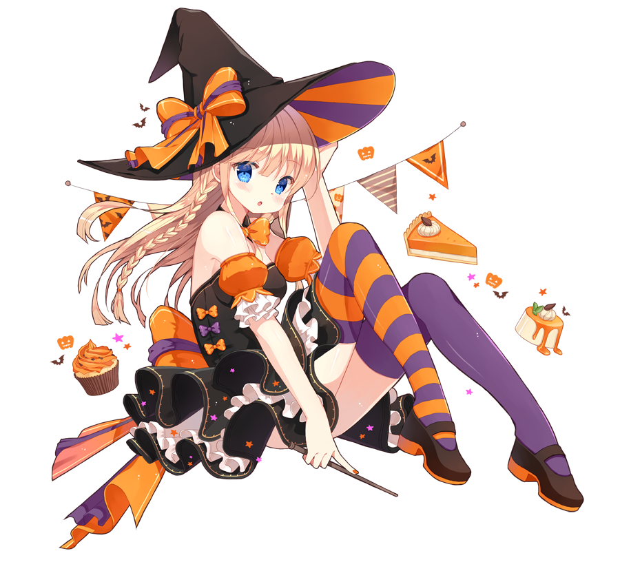 1girl, :o, animal_print, asymmetrical_legwear, bad_id, bad_pixiv_id, bare_shoulders, bat_print, black_dress, black_shoes, blonde_hair, blue_eyes, blush, bow, braid, string_of_flags, cake, cupcake, detached_collar, detached_sleeves, diten, dress, female_focus, food, full_body, halloween, hat, hat_bow, jack-o'-lantern, long_hair, looking_at_viewer, mary_janes, mismatched_legwear, nail_polish, orange_bow, orange_nails, pennant, pie, pie_slice, pudding, puffy_short_sleeves, puffy_sleeves, pumpkin_pie, purple_bow, purple_thighhighs, shoes, short_sleeves, single_braid, sleeveless, sleeveless_dress, solo, star_(symbol), striped_bow, striped_clothes, striped_thighhighs, tales_weaver, thighhighs, tichiel_juspian, wand, witch_hat