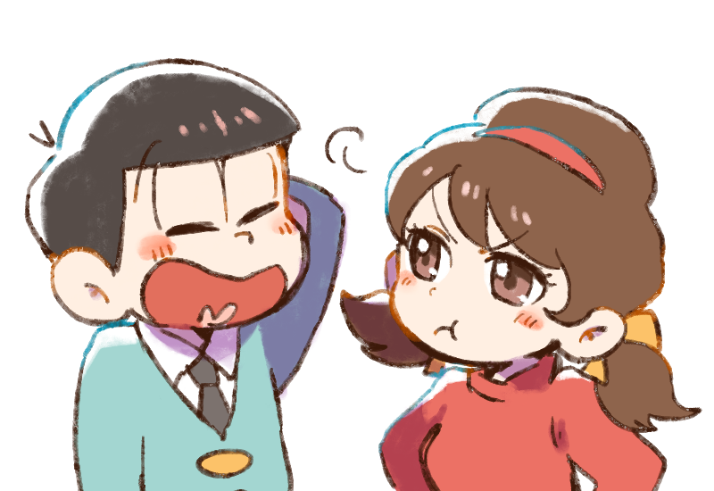 10s, 1boy, 1girl, arm_behind_head, black_hair, blush, brown_eyes, brown_hair, closed_eyes, formal_clothes, hairband, heart, heart_in_mouth, kuri_(shibimame), matsuno_osomatsu, osomatsu-kun, osomatsu-san, osomatsu_(series), pout, short_twintails, simple_background, suit, turtleneck, twintails, upper_body, white_background, yowai_totoko