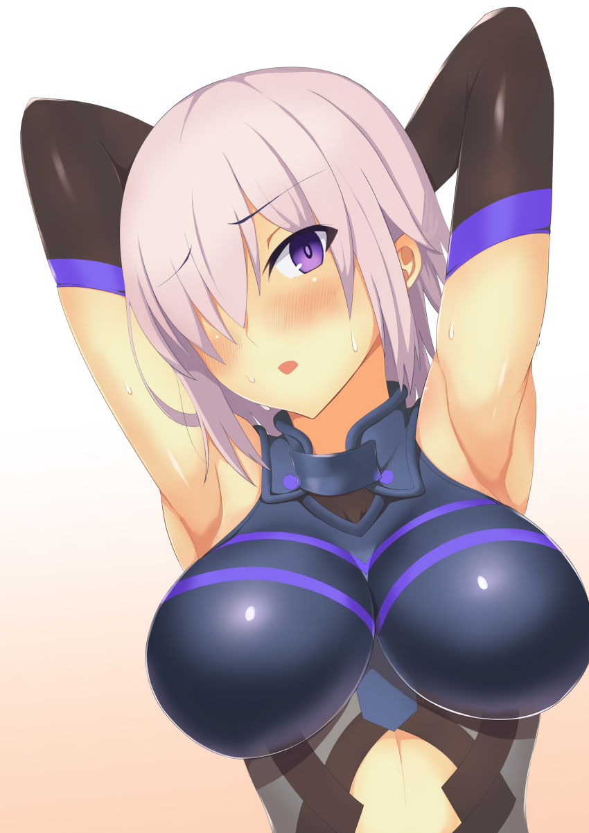 1girl, absurdres, armor, armpits, arms_behind_head, blush, breasts, dutch_angle