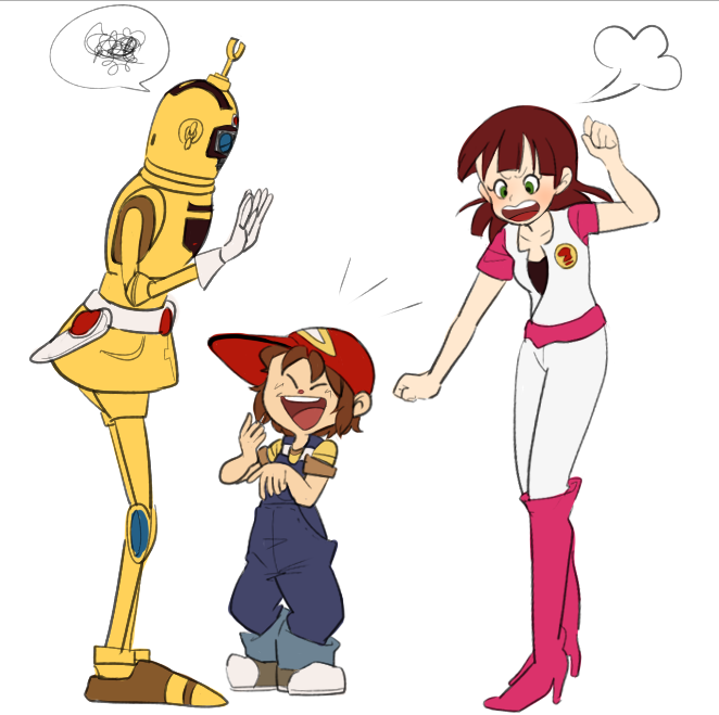 1boy, 1girl, 2-3, artist_request, baseball_cap, boots, brown_hair, green_eyes, gyakuten!_ippatsuman, harubou, hat, height_difference, houmu_ran, knee_boots, laughing, overalls, robot, time_bokan_(series), umi_kemushi